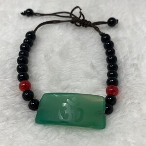Green Jade Buddha Aum Om symbol beaded string bracelet adjustable fit
